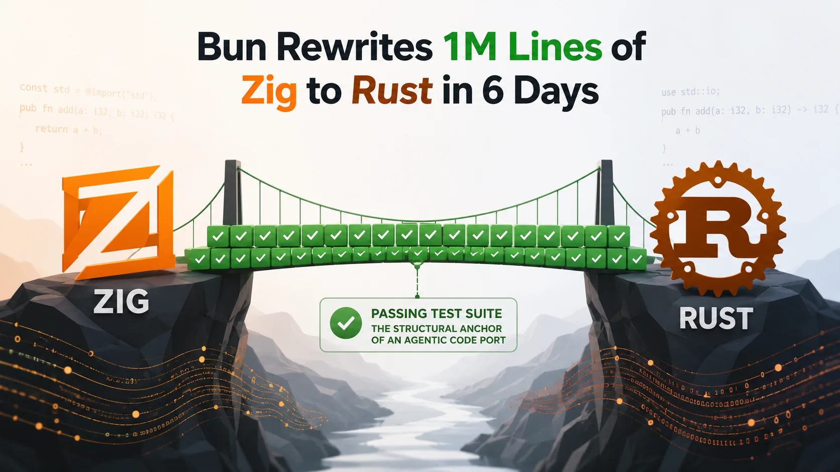 Abstract diagram showing Zig and Rust logos connected by a bridge made of green checkmarks, representing a passing test suite as the structural anchor of an agentic code port.