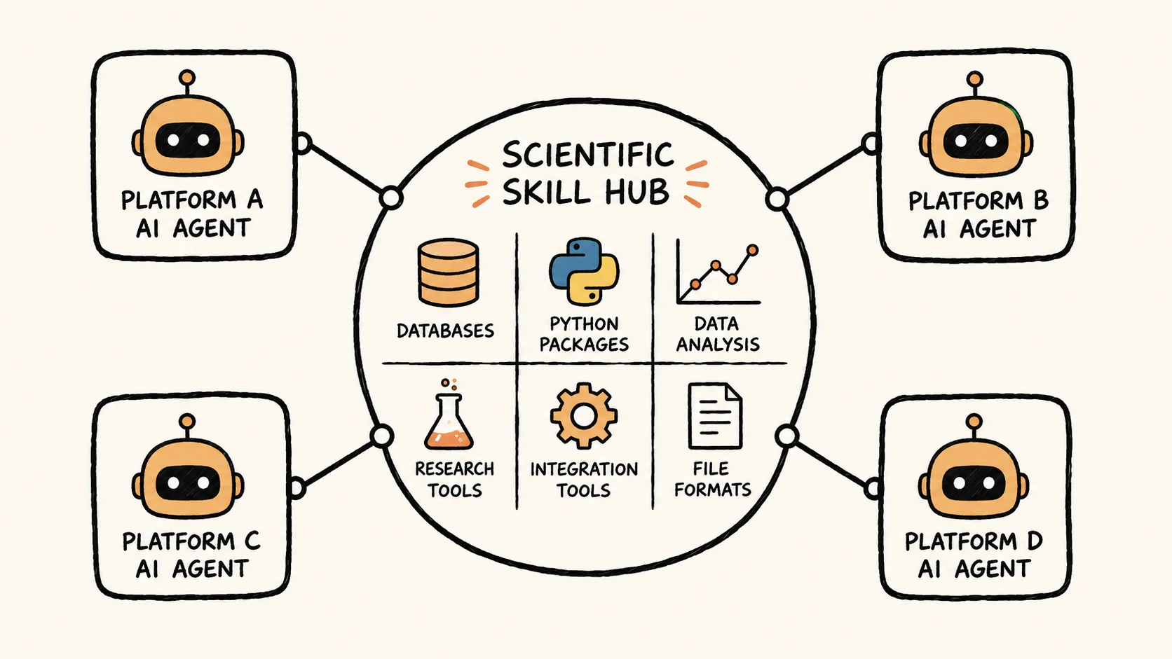 A warm-toned diagram showing four AI agent platforms connecting to a central hub of scientific skill categories including databases, Python packages, and integration tools.