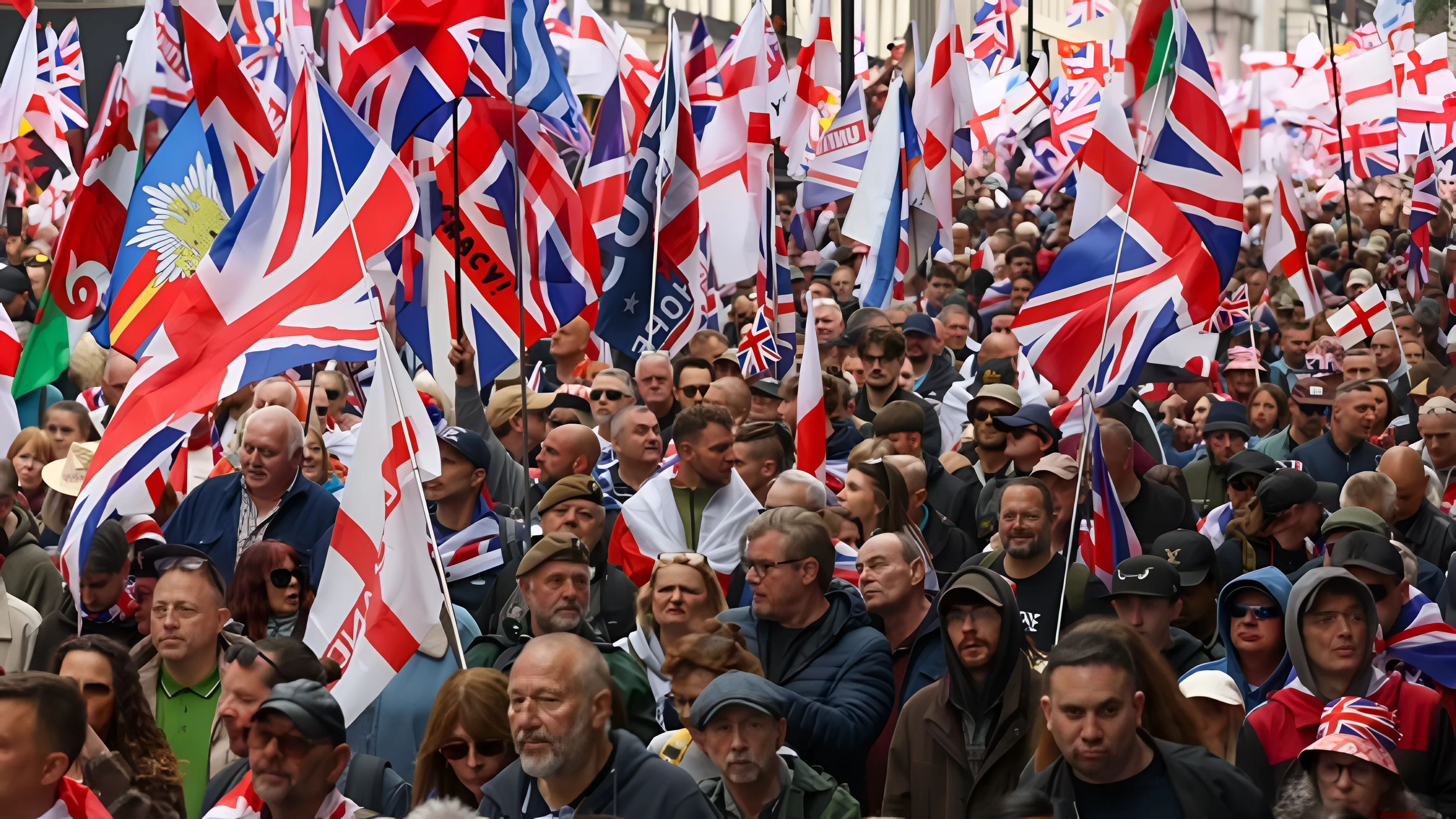 Demonstrators gather around Kingsway to march during 'Unite the Kingdom' organized at the call of far-right activist Tommy Robinson in London on May 16
