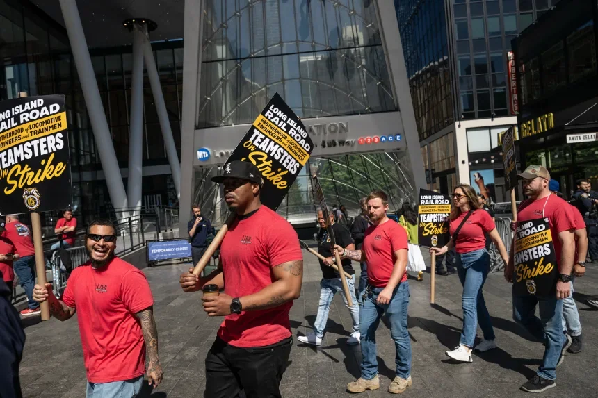 Long Island Rail Road workers picket outside of Penn Station in New York, on May 16, 2026. Victor J. Blue/Bloomberg/Getty Images