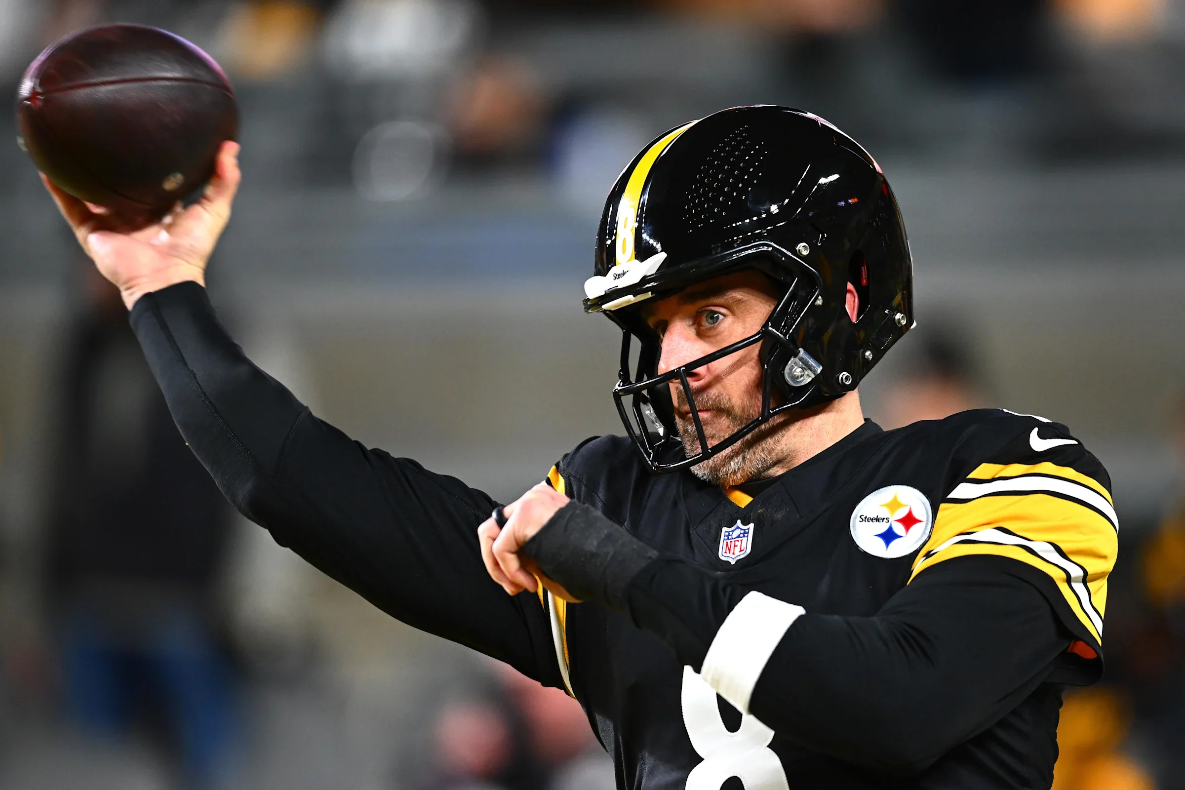 PITTSBURGH, PENNSYLVANIA - JANUARY 12: Aaron Rodgers #8 of the Pittsburgh Steelers warms up before the game against the Houston Texans at Acrisure Stadium on January 12, 2026 in Pittsburgh, Pennsylvania. (Photo by Joe Sargent/Getty Images) | Getty Images