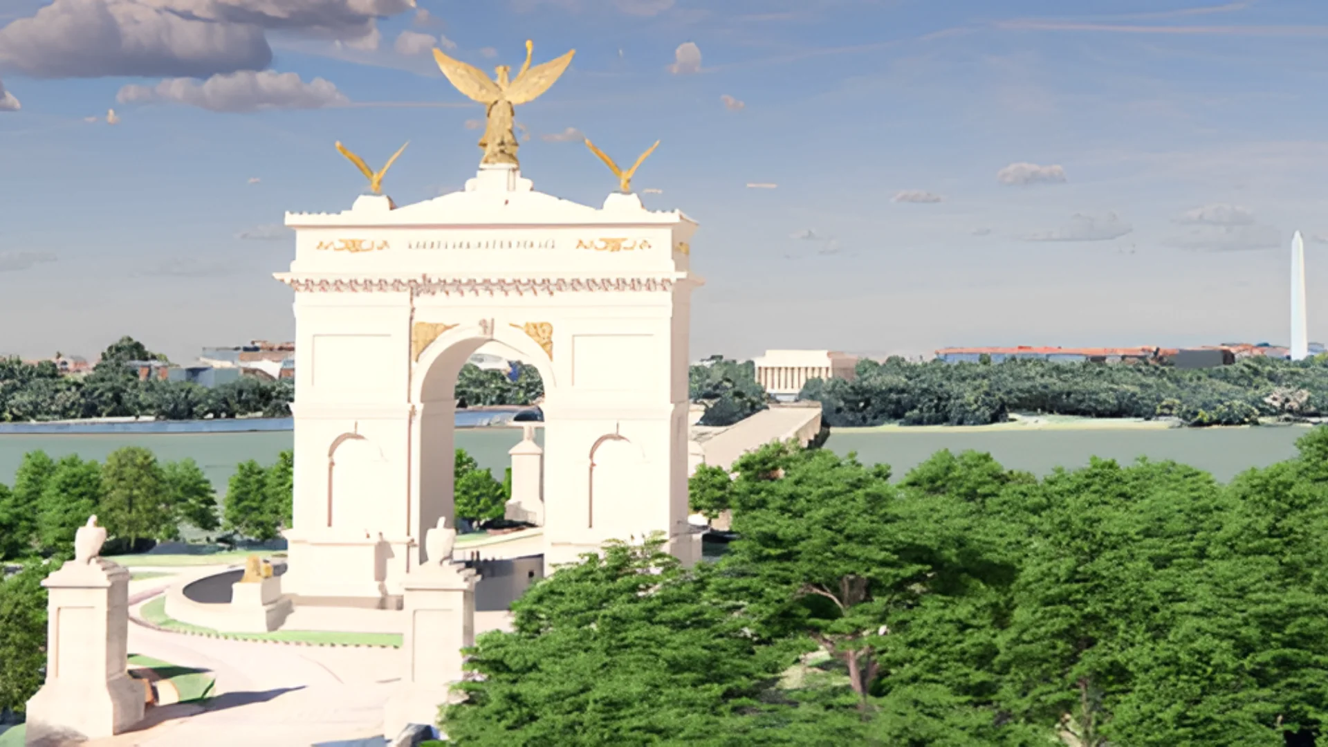 Rendering of Trump triumphal arch that would sit between the Lincoln Memorial and Arlington Cemetery submitted by the Interior Dept. to the Commission on Fine Arts, April 16, 2026. Department of the Interior