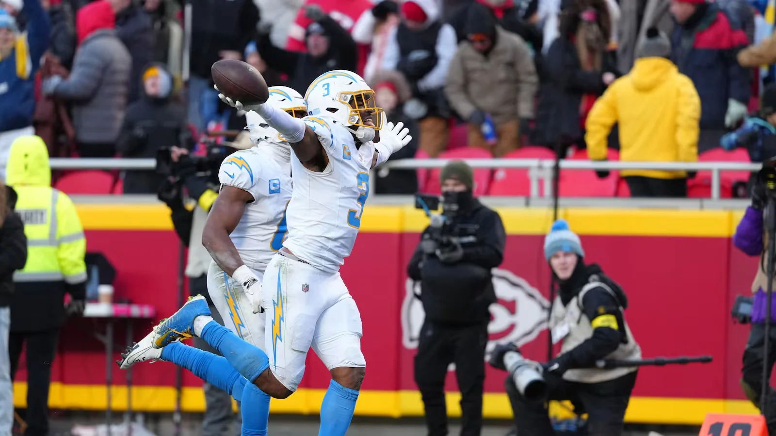 Los Angeles Chargers safety Derwin James Jr. (3) celebrates after intercepting a pass during the second half of an NFL football game against the Kansas City Chiefs Sunday, Dec. 14, 2025, in Kansas City, Mo. (AP Photo/Ed Zurga) (Ed Zurga/AP)