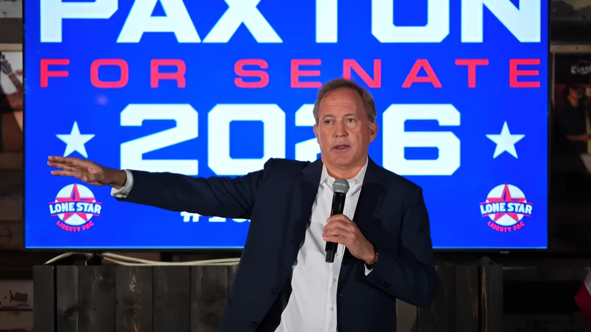 Texas Attorney General Ken Paxton, a Republican candidate for the US Senate, speaks to supporters at a campaign event in McKinney, Texas, the US, on May 19, 2026 [LM Otero/AP]