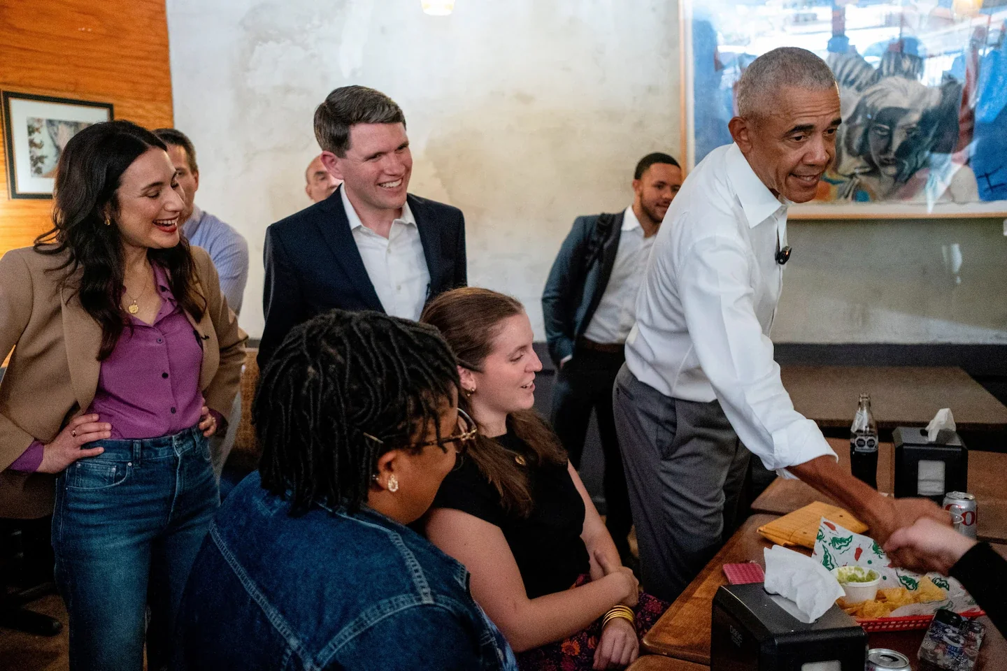 Former president Barack Obama and James Talarico, center, the Democratic nominee for U.S. Senate in Texas, campaign May 12 in Austin. (Joel Angel Juarez/Reuters)