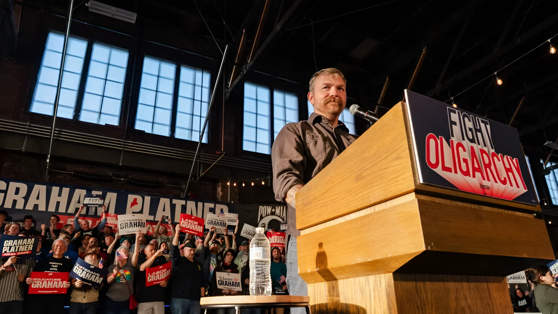 Graham Platner, Democratic U.S. Senate candidate for Maine, at a rally in Portland this month. Sophie Park/Bloomberg News