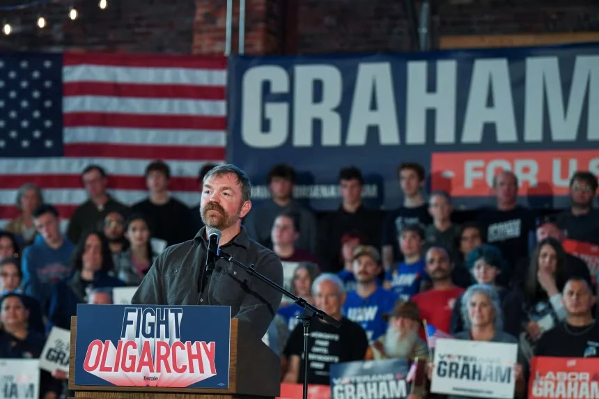 Graham Platner, Democratic candidate for US Senate, speaks during a campaign rally in Portland, Maine, on May 25, 2026. Amanda Sabga/Reuters/File