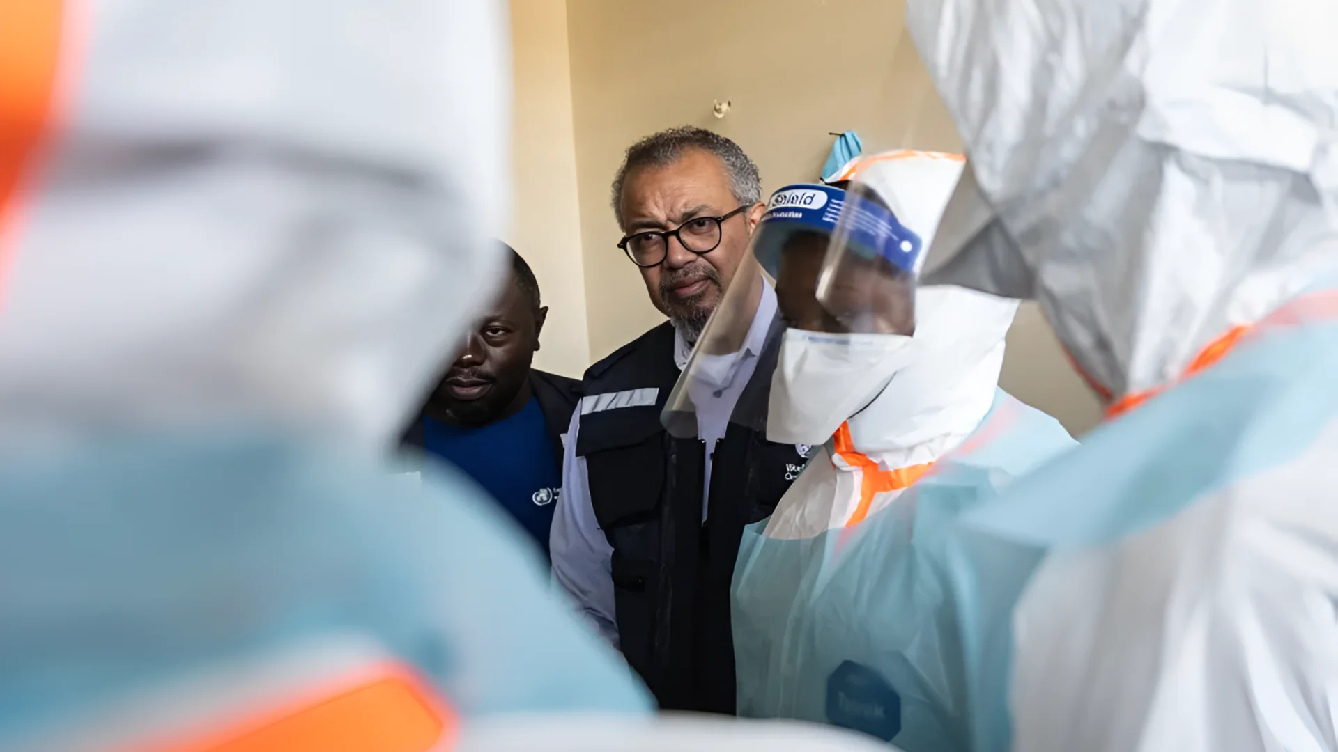 Director General of the World Health Organisation (WHO), Tedros Adhanom Ghebreyesus, visits health workers at the Evangelical Medical Centre (CEM) in Bunia, Congo, Sunday, May 31, 2026.  Moses Sawasawa/AP
