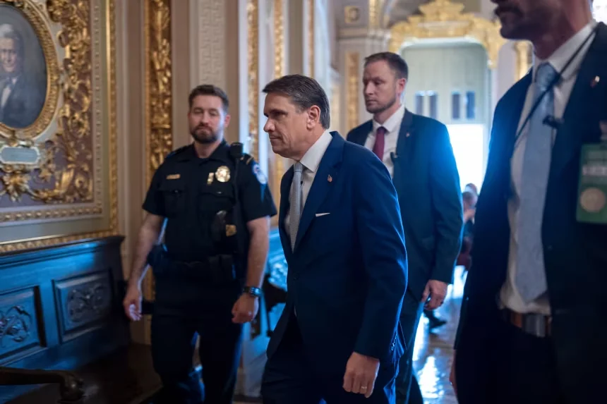 Acting Attorney General Todd Blanche arrives for a closed-door meeting with Republican senators who are expected to abandon a proposal for $1 billion in security money for the White House complex and President Donald Trump's ballroom after it has failed to win enough party support, at the Capitol in Washington, DC, on May 21. J. Scott Applewhite/AP