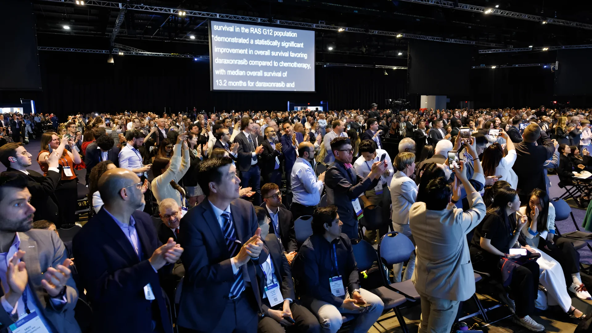 Attendees cheer as Dr. Brian Wolpin presents his results at the 2026 ASCO annual meeting in Chicago on May 31, 2026. ASCO/Scott Morgan 2026