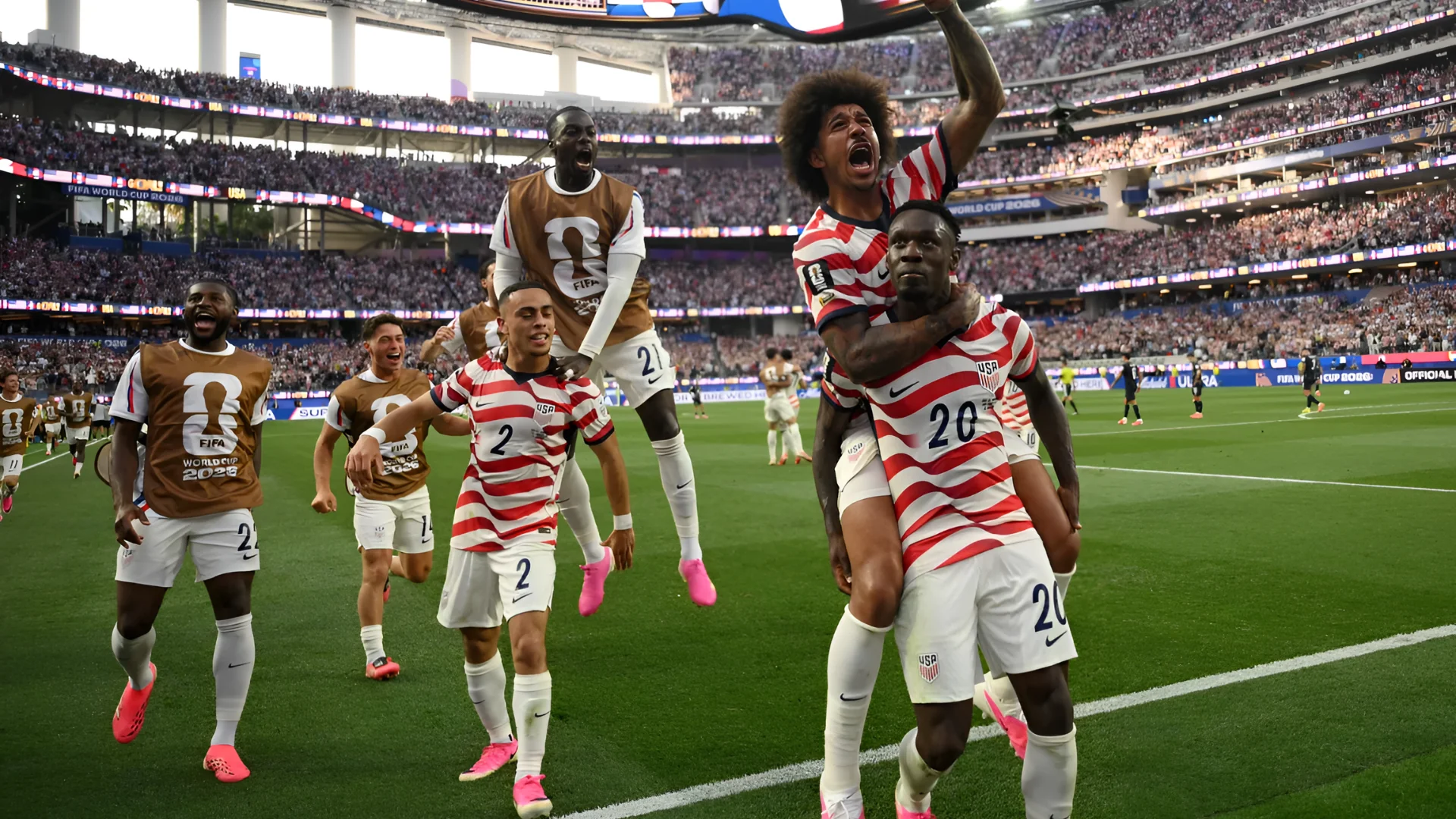 US players celebrate after Folarin Balogun, right, put the Americans ahead 3-0 just before halftime. Patrick T. Fallon/AFP/Getty Images