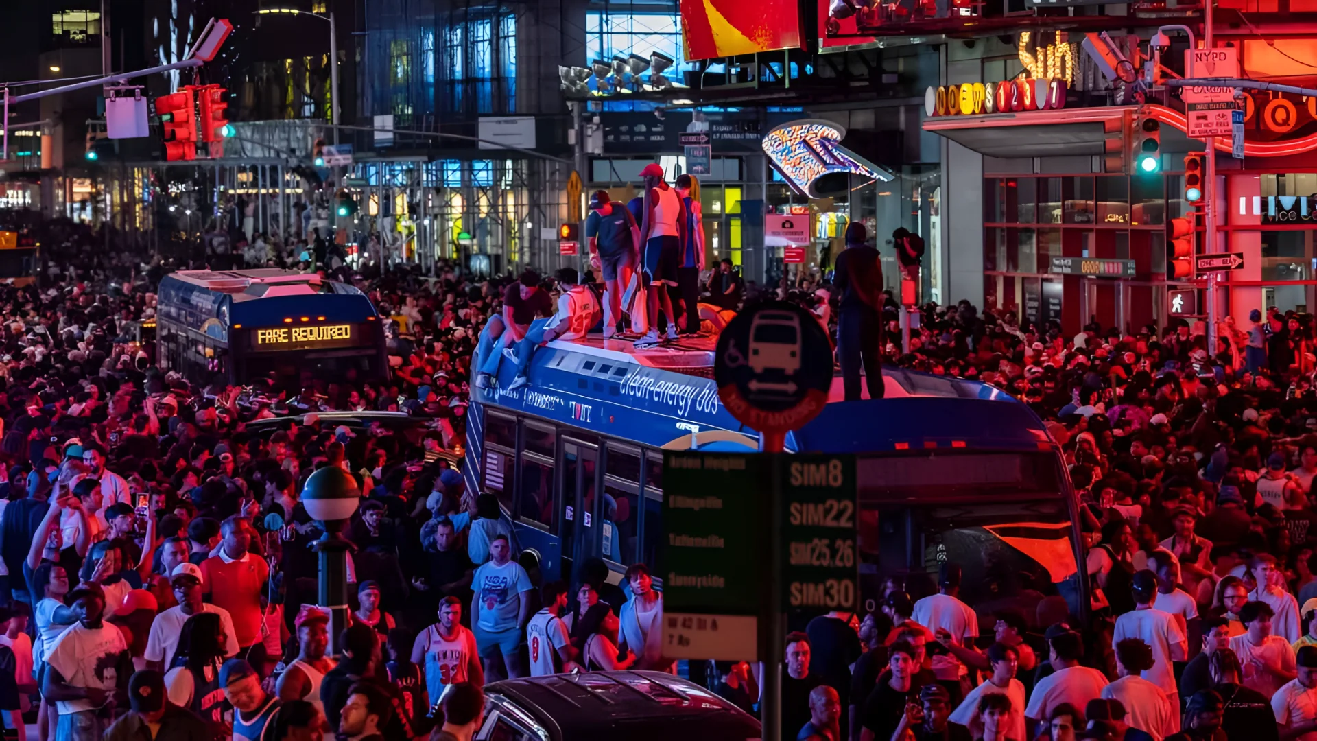 Fans climb on buses in Times Square as they celebrate after the Knicks win the NBA Finals. Adam Gray/Getty Images