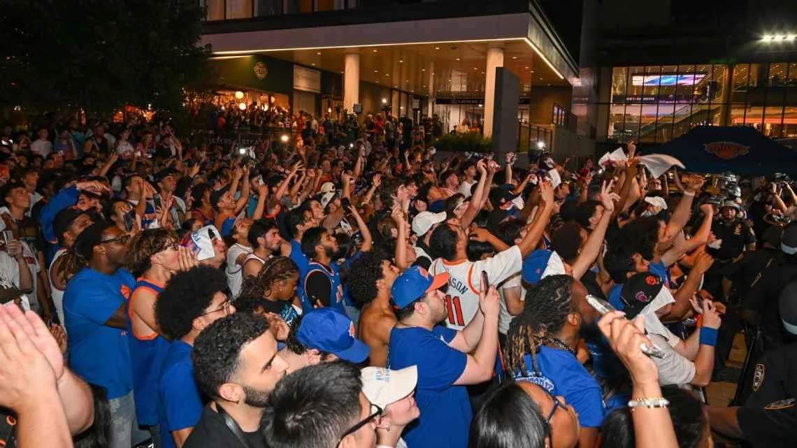 Knicks fans celebrate outside of Madison Square Garden after Game 5 of the NBA Finals. Brenden Willsch/Imagn Images