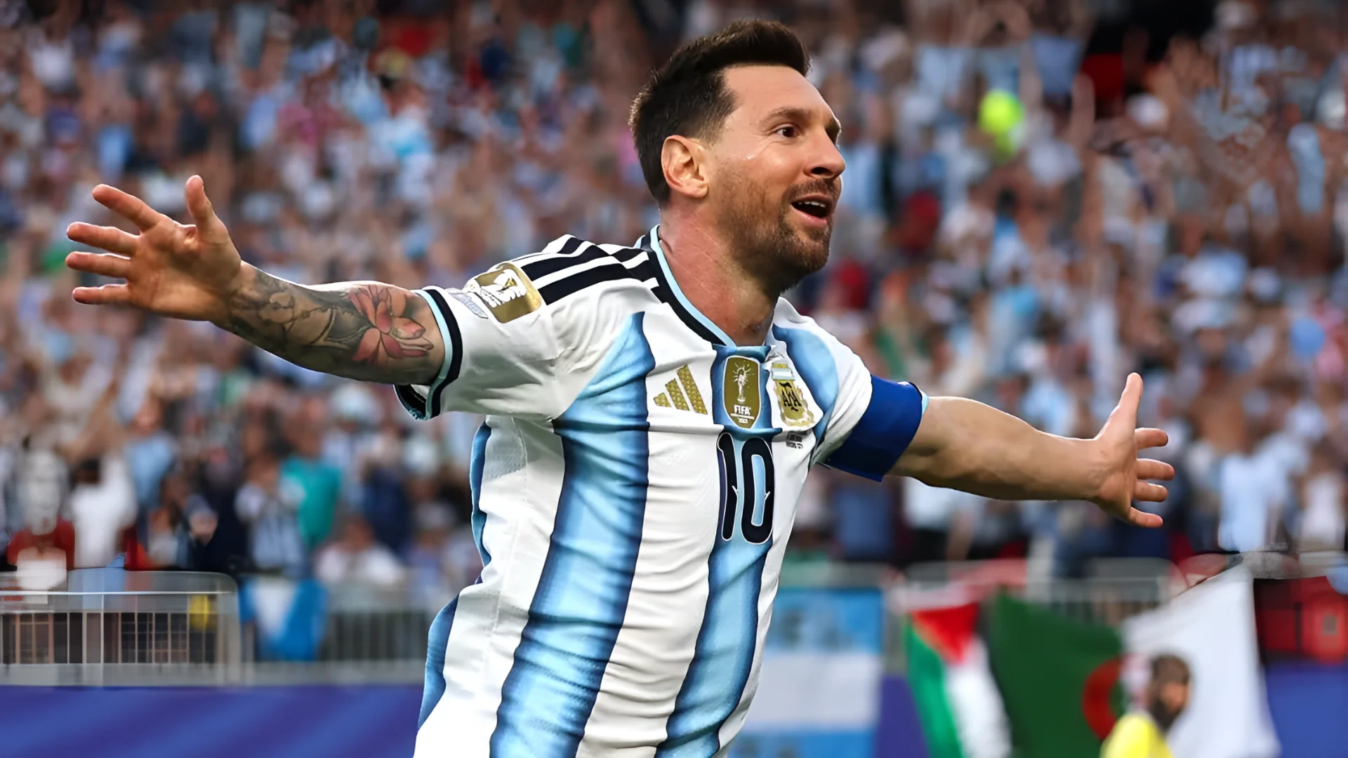 Lionel Messi of Argentina celebrates scoring his team's first goal during the World Cup match against Algeria on Tuesday in Kansas City, Mo.Maja Hitij / FIFA via Getty Images