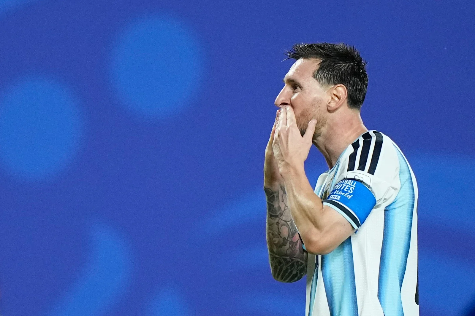 Argentina’s Lionel Messi reacts after scoring his third goal during the World Cup Group J soccer match between Argentina and Algeria in Kansas City, Mo., Tuesday, June 16, 2026. (AP Photo/Charlie Riedel)