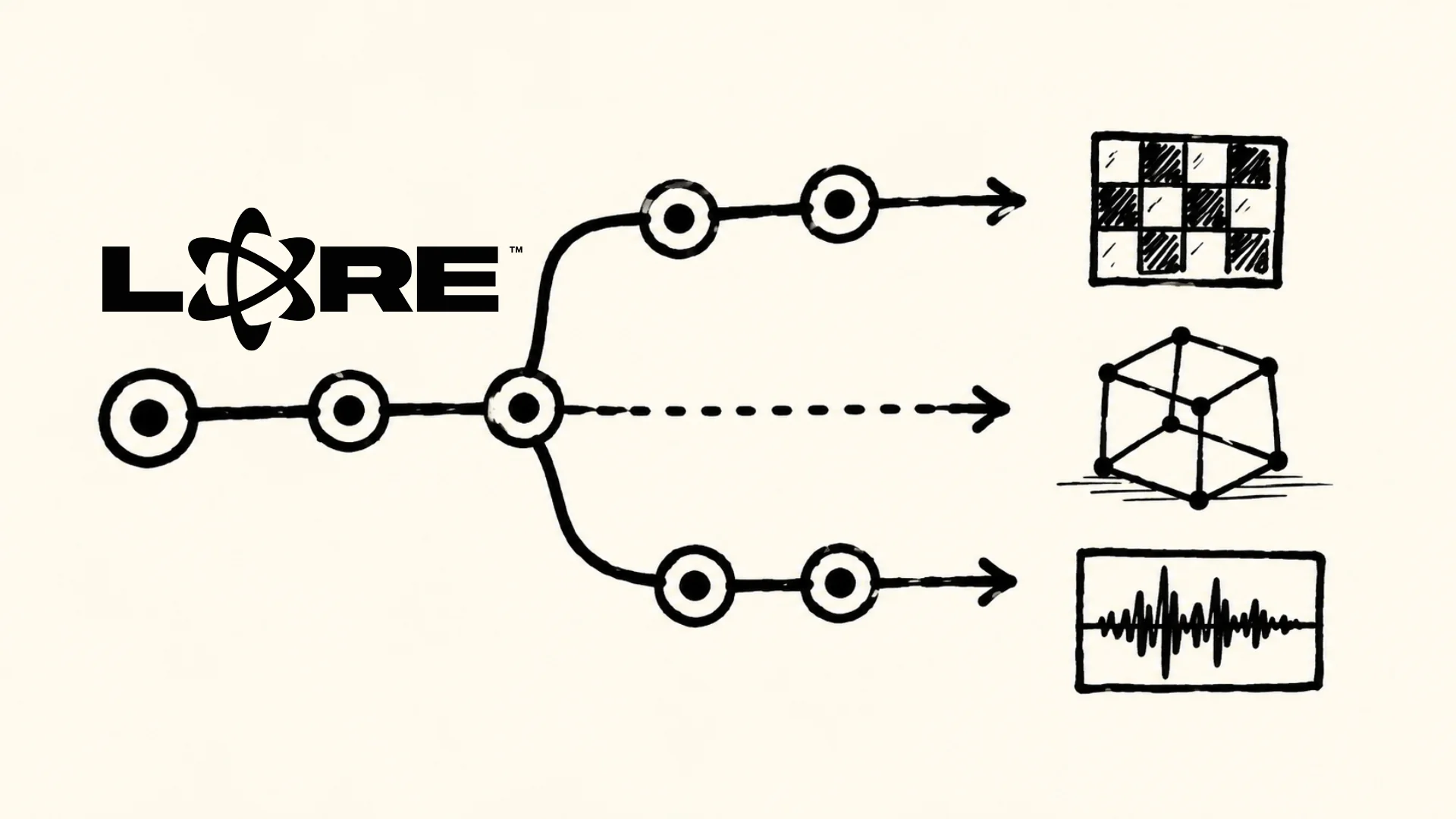 A clean editorial graphic of a version-control branch diagram overlaid with game-asset icons — a texture swatch, a wireframe 3D model, and an audio waveform.