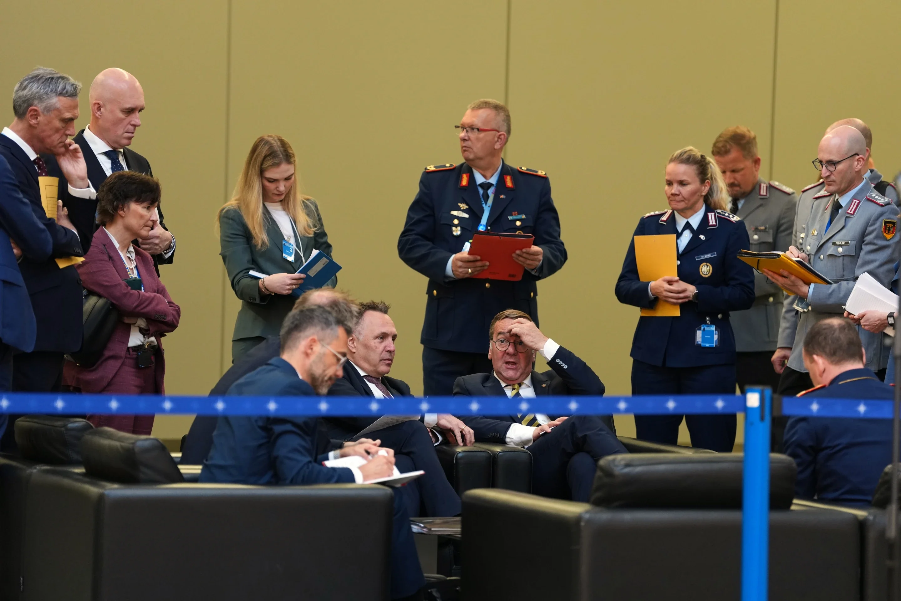 Germany’s Defense Minister Boris Pistorius, center right, speaks with Norway’s Defense Minister Tore Sandvik, center left, prior to a meeting of the North Atlantic Council in defense ministers format at NATO headquarters in Brussels, Thursday, June 18, 2026. (AP Photo/Virginia Mayo)