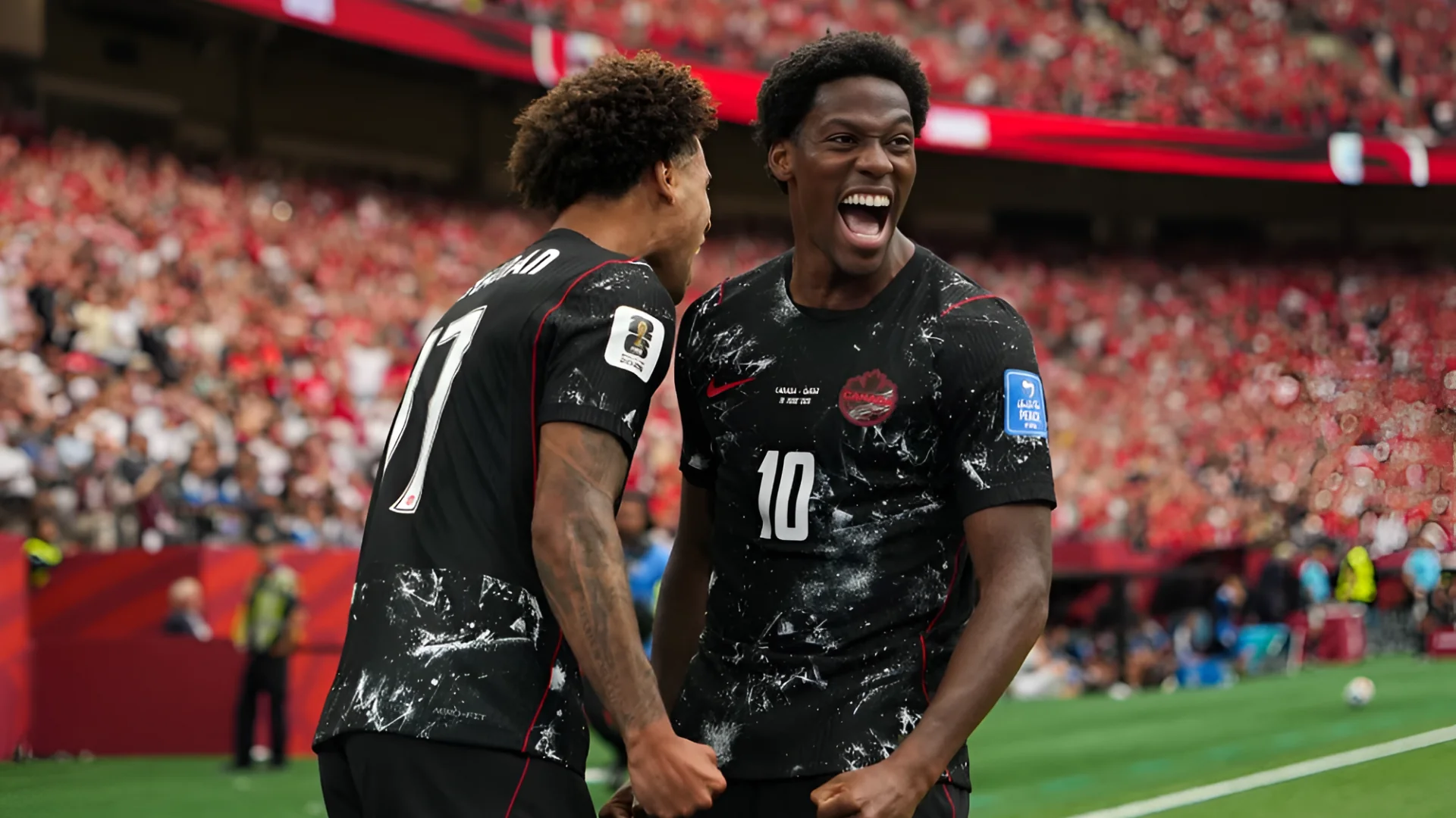 Jonathan David (10) of Canada celebrates after scoring a goal during the 2026 FIFA World Cup First Stage Group B match between Canada and Qatar at BC Place Stadium in Vancouver on Thursday.Ercin Erturk / Anadolu via Getty Images