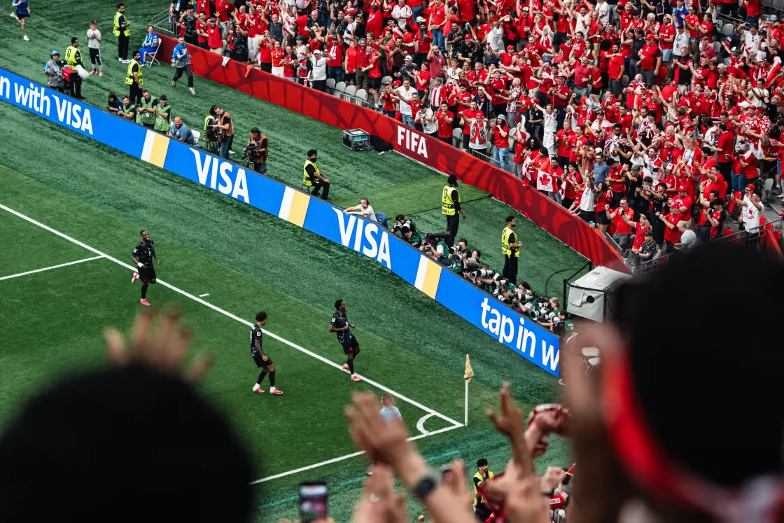 Jonathan David #10 of Canada celebrates after scoring his team's second goal during the FIFA World Cup 2026 Group B match between Canada and Qatar at BC Place Vancouver, on Thursday.Lampson Yip / Clicks Images via Getty Images