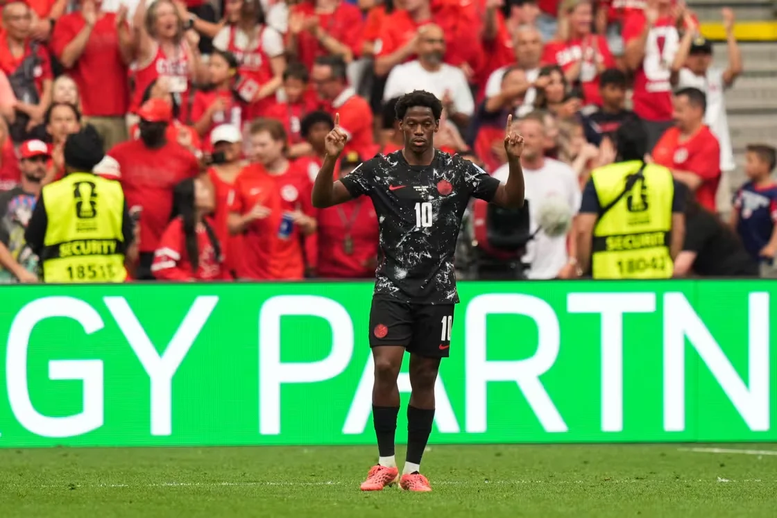 Jonathan David (10) of Canada celebrates after scoring a hat-trick during the match between Canada and Qatar at BC Place Stadium in Vancouver, Canada on June 18, 2026.Ercin Erturk / Anadolu via Getty Images