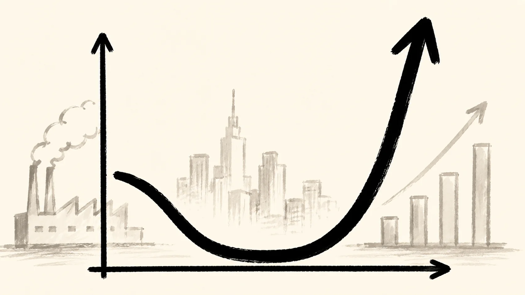 A stylized line chart shaped like the letter J, illustrating a dip in productivity growth followed by a sharp delayed rise, set against a muted economic backdrop.