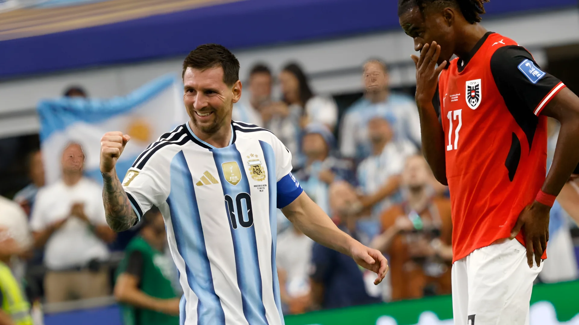 Argentina’s Lionel Messi (10) celebrates scoring his second goal as Austria’s Carney Chukwuemeka (17) looks down during the World Cup Group J soccer match between Argentina and Austria in Arlington, Texas, near Dallas, Monday, June 22, 2026. (Chitose Suzuki/The Dallas Morning News via AP)