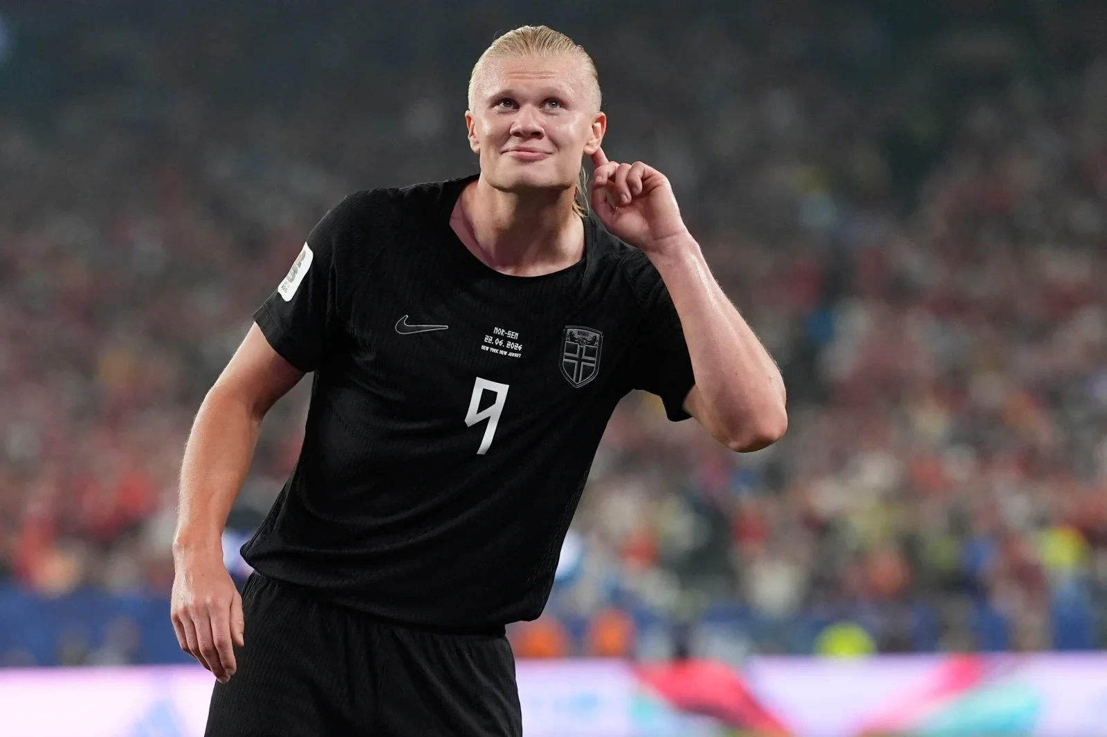 Norway’s Erling Haaland (9) celebrates after scoring their third goal during the World Cup Group I soccer match between Norway and Senegal in East Rutherford, N.J., near New York, Monday, June 22, 2026. (AP Photo/Steve Luciano)