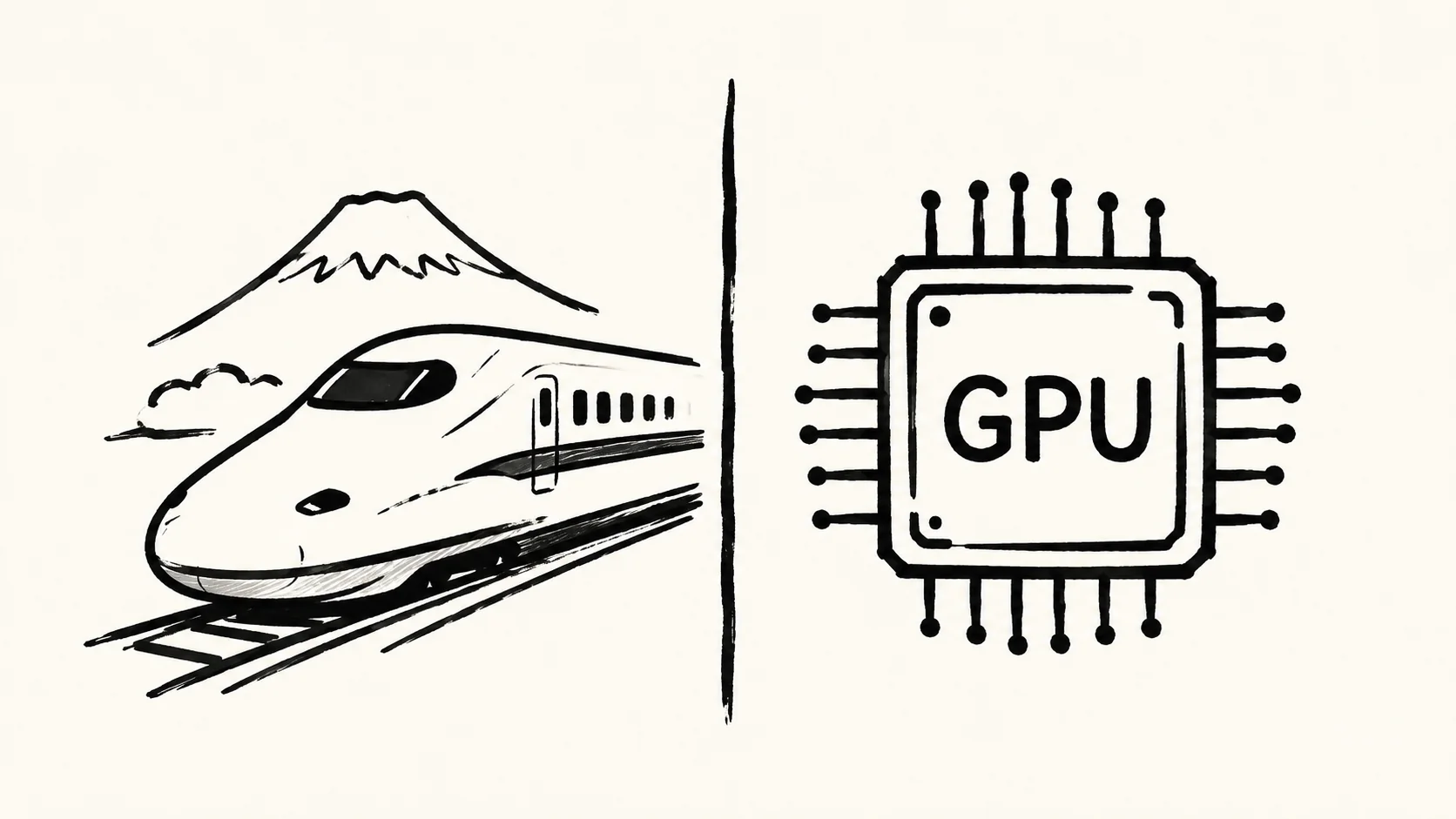 A split image of a bullet train and a GPU chip, representing Japan's hardware legacy against the software demands of modern AI development.