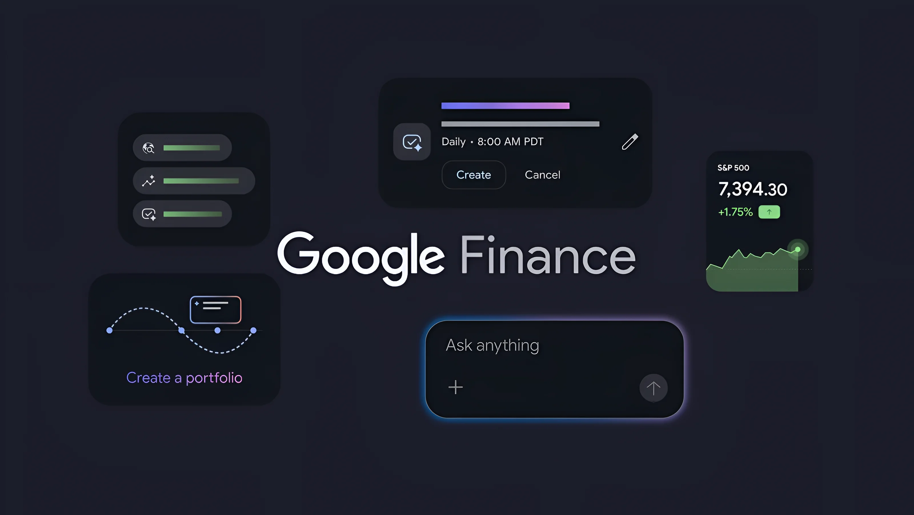The Google Finance logo, surrounded by elements of the user interface