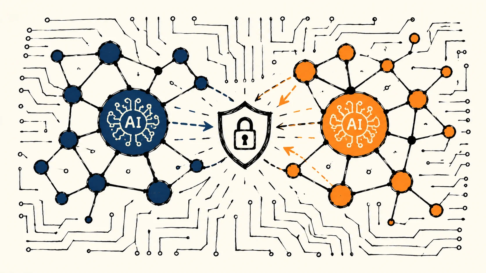 Abstract visualization of competing AI cybersecurity systems, dark blue and orange nodes connected by lines over a circuit-board background, no logos or people.