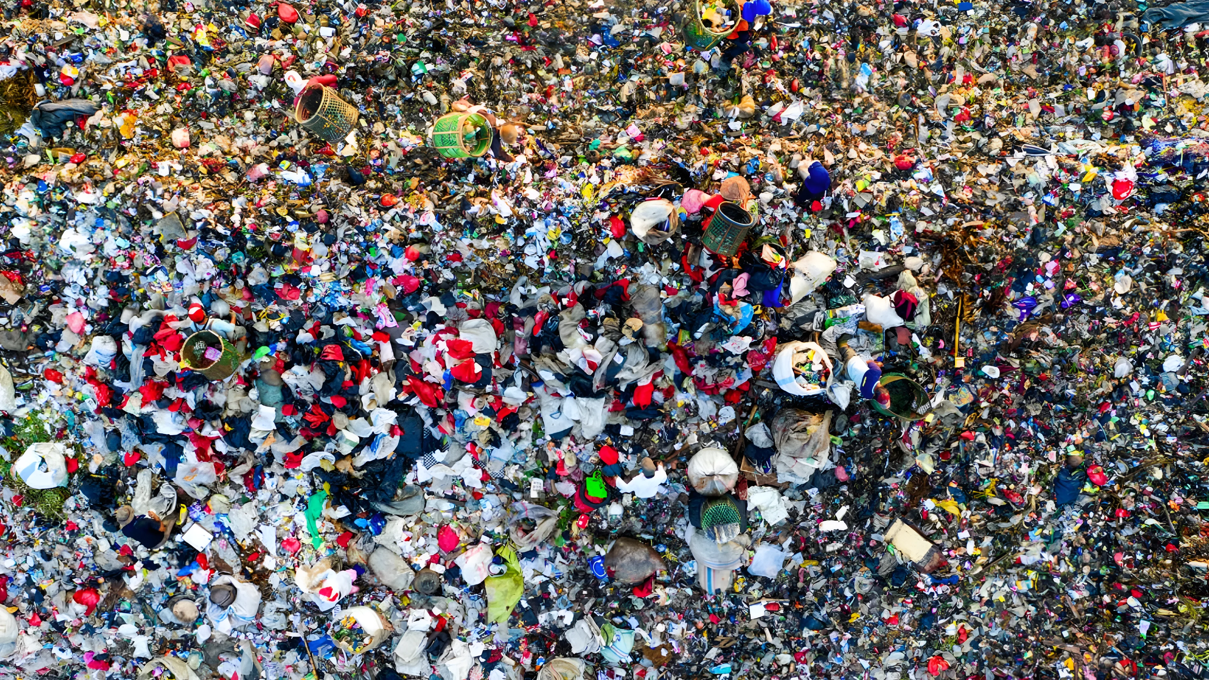 A close-up view of a pile of plastic bottles, packaging, and discarded plastic household waste lying on the ground. Photo: Tom Fisk