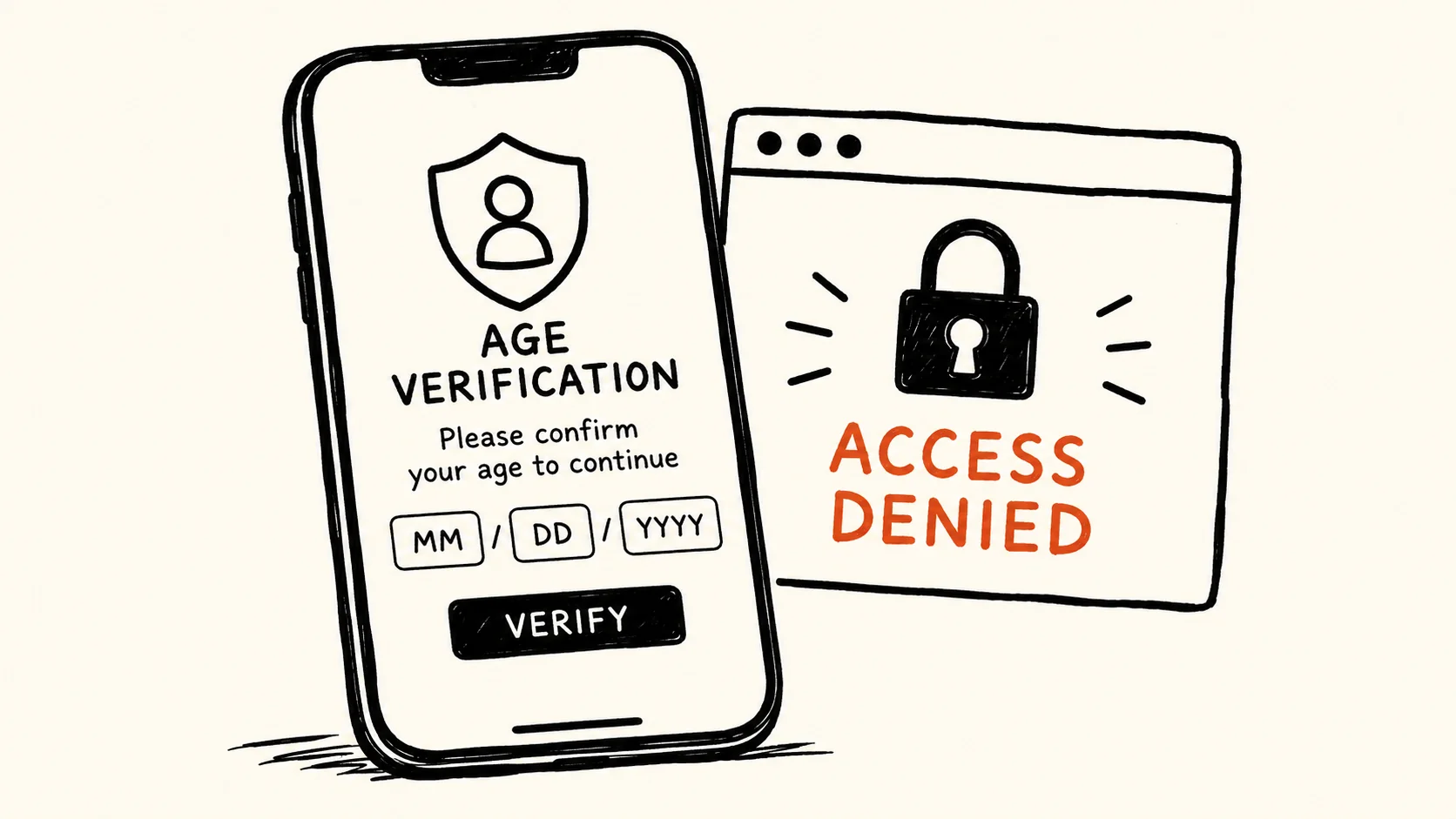 Illustration of a smartphone displaying an age-verification screen with an "access denied" message in the background, sy