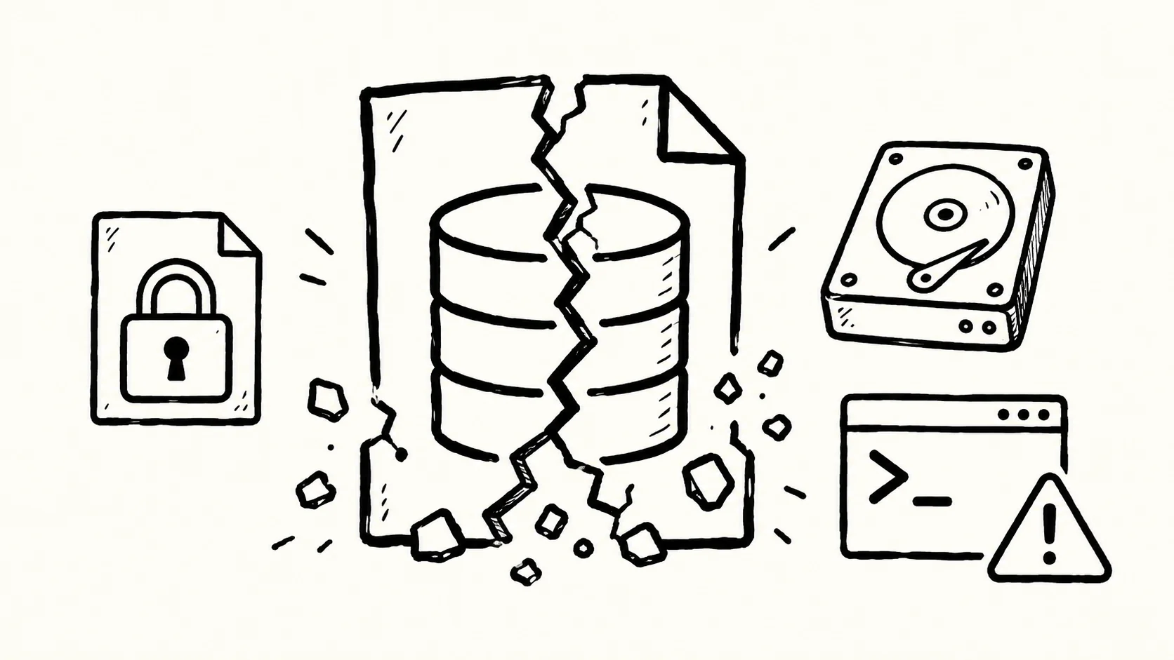 A stylized database file icon cracking apart, surrounded by small icons for a file lock, a hard drive, and a terminal warning symbol.