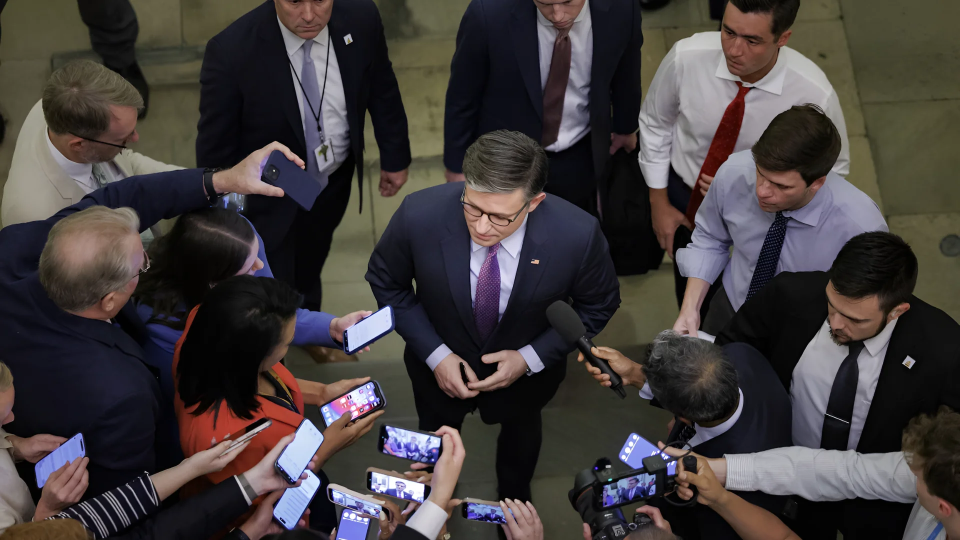 House Speaker Mike Johnson (R-Louisiana) speaks to reporters on Capitol Hill on Monday. (Tom Brenner/Getty Images)