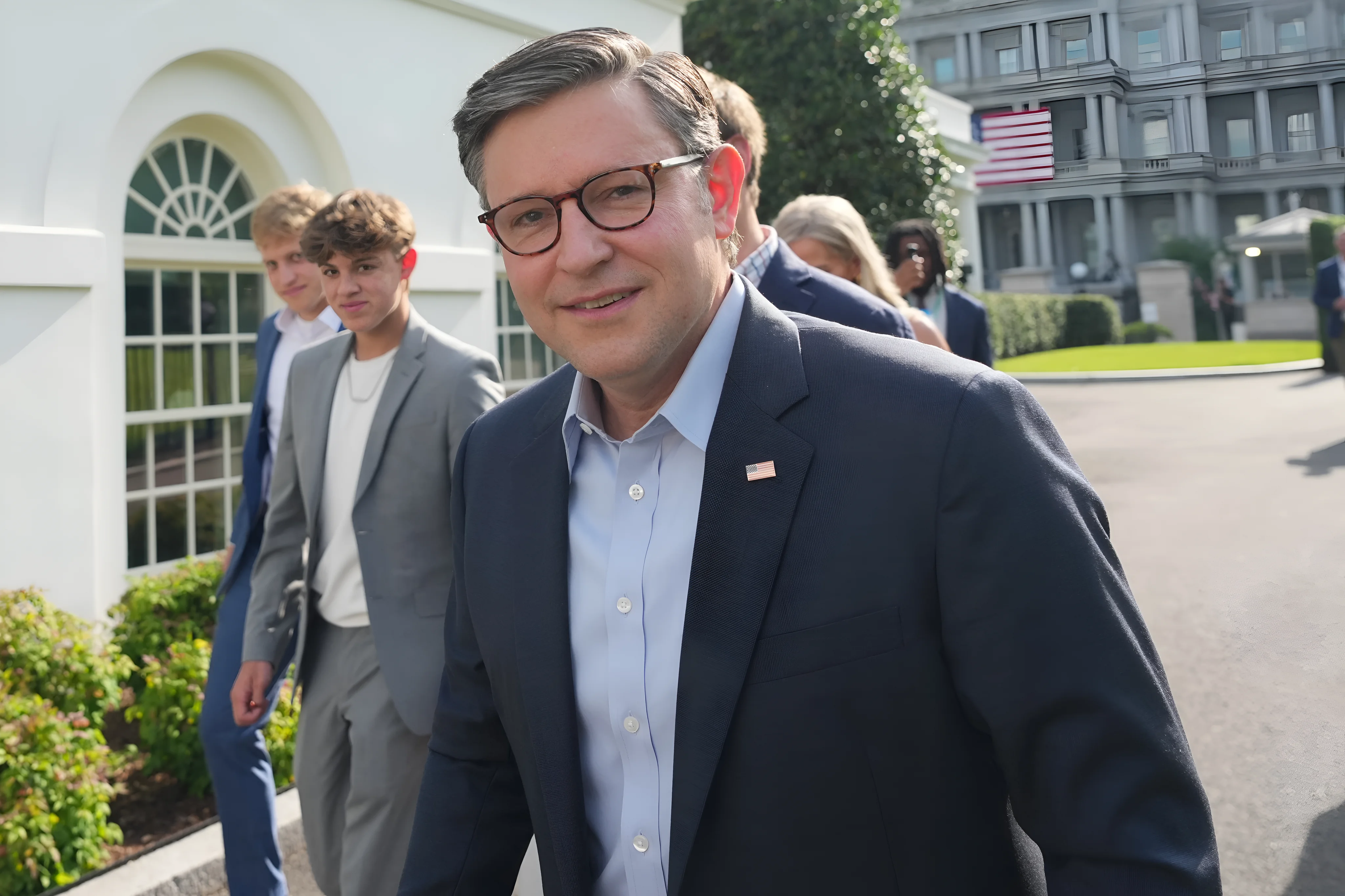 House Speaker Mike Johnson of La., arrives at the White House ahead of the UFC Freedom 250 on the South Lawn, Sunday, June 14, 2026, in Washington. (AP Photo/Alex Brandon)