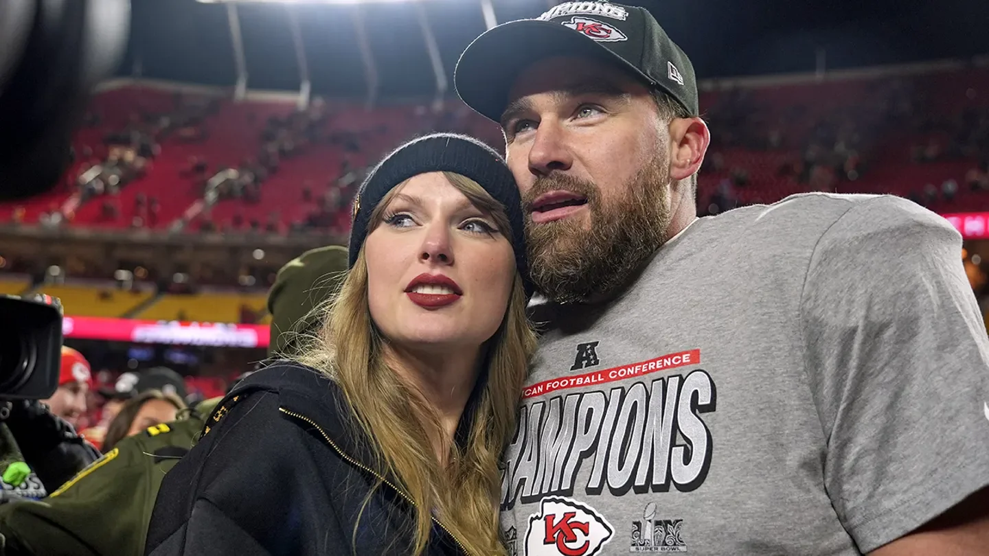 Kansas City Chiefs tight end Travis Kelce, right, appears with singer Taylor Swift after the Chiefs' victory over the Buffalo Bills in the AFC Championship game in Kansas City, Mo., on Jan. 26, 2025. (AP Photo/Charlie Riedel, File)