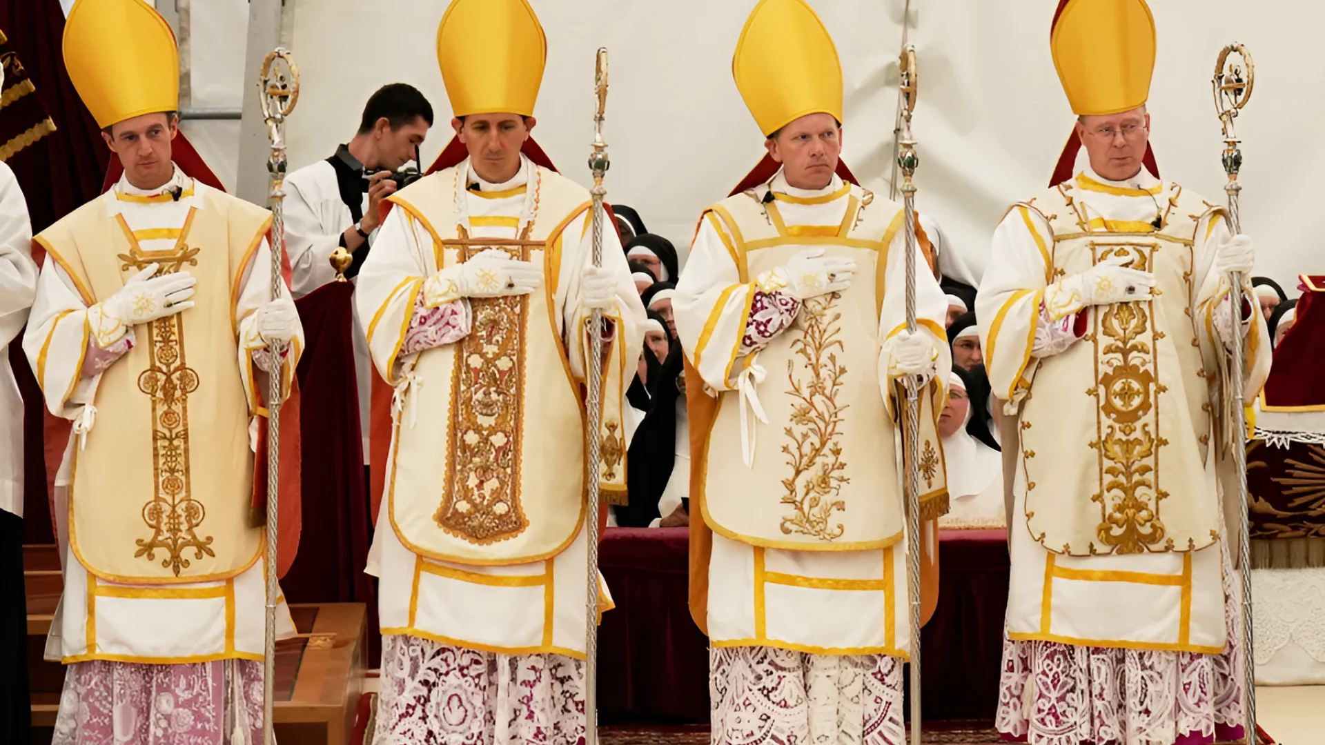 Newly consecrated Bishops, from left, Marc Hanappier, Michel Poinsinet de Sivry, Michael Goldade and Pascal Schreiber st