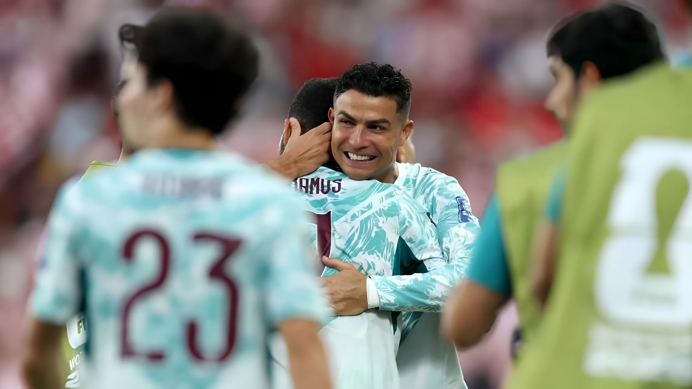 Portugal players celebrate after scoring a goal against Croatia in the World Cup. Getty Images