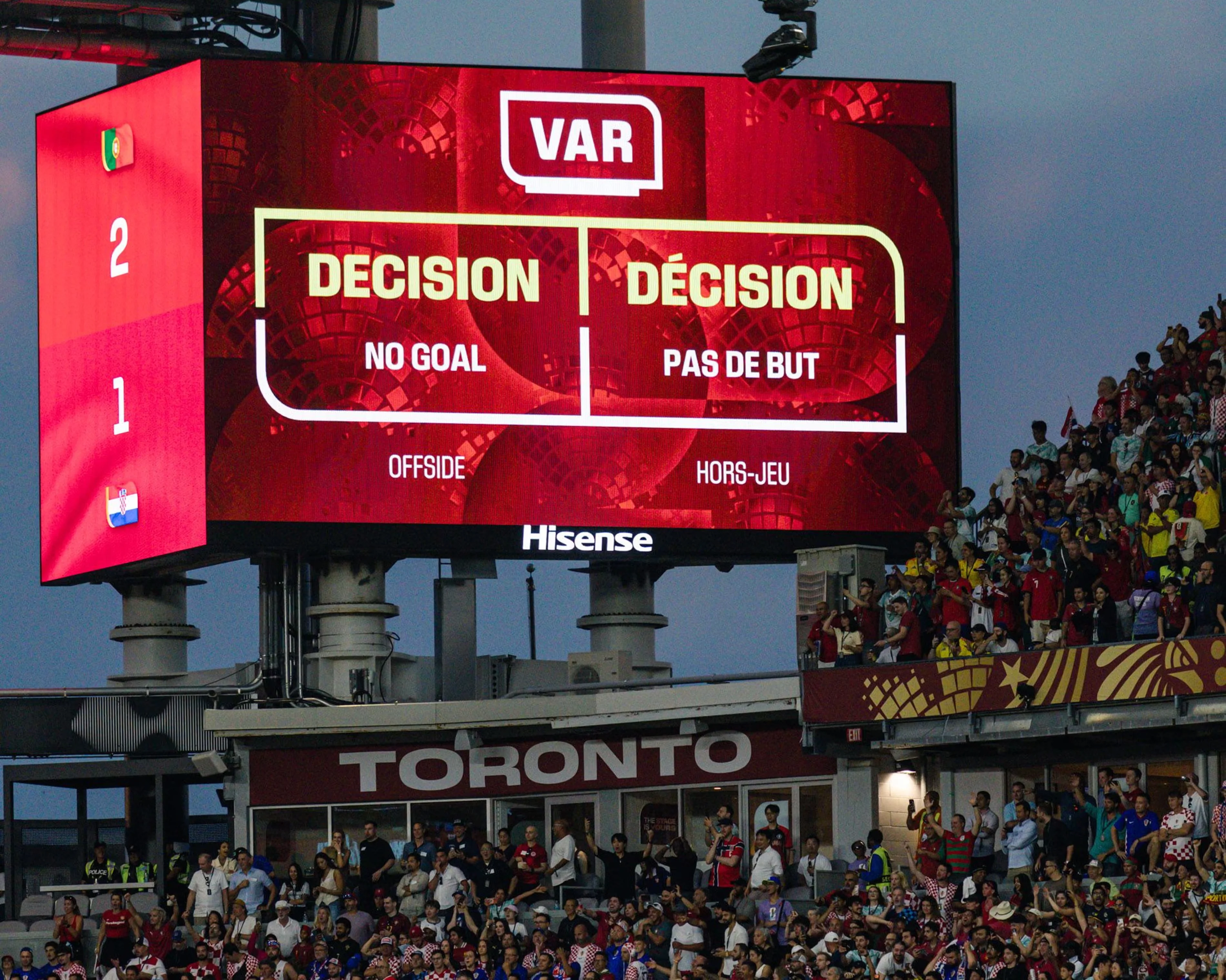 The big screen at the Toronto Stadium confirms Croatia’s late goal has been chalked off. Photograph: Curtis Wong/SPP/Shutterstock