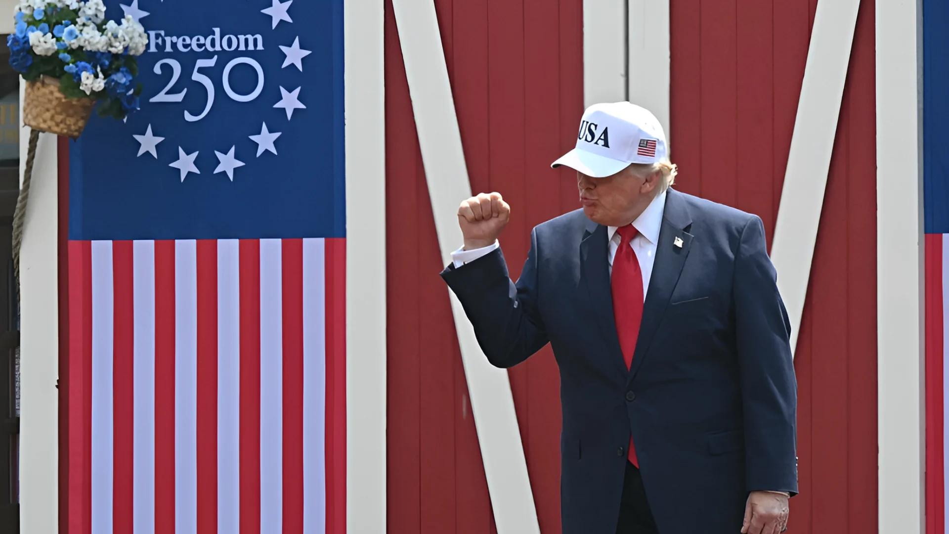 President Donald Trump arrives at the Burning Hills Amphitheatre after attending the opening of the Theodore Roosevelt P