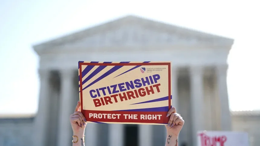People demonstrate outside the US Supreme Court as President Donald Trump arrives to attend oral arguments on April 1, 2026, in Washington, DC. Al Drago/Getty Images