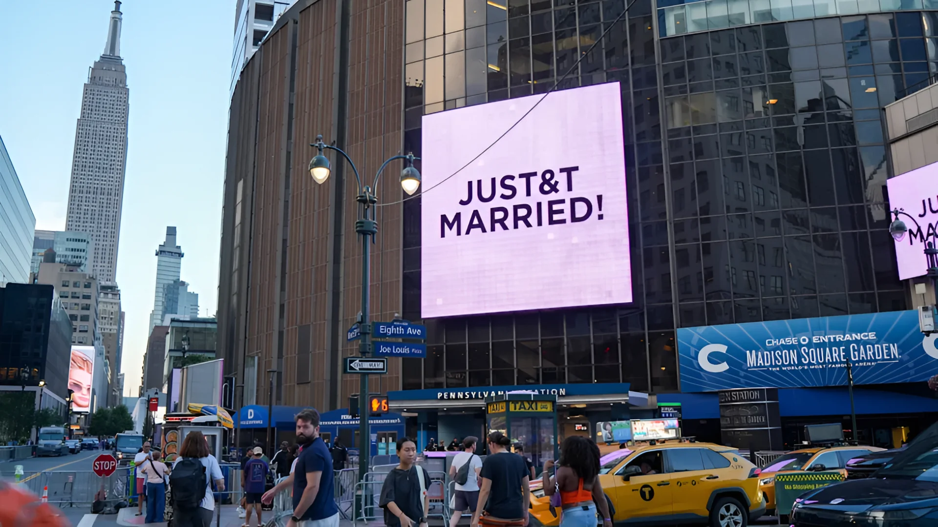 A "Just Married" sign is displayed at Madison Square Garden on July 3. (AP Photo/Ryan Murphy)