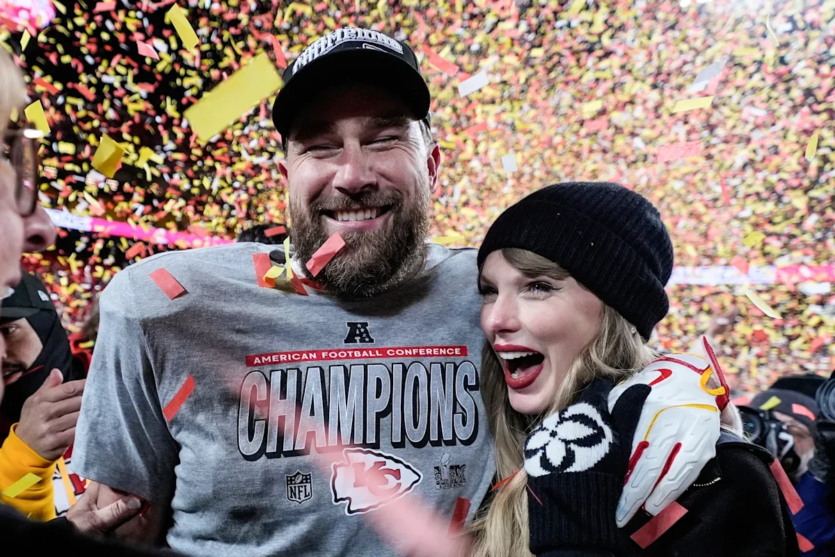 Travis Kelce and Taylor Swift pictured in 2025. (AP Photo/Ashley Landis)