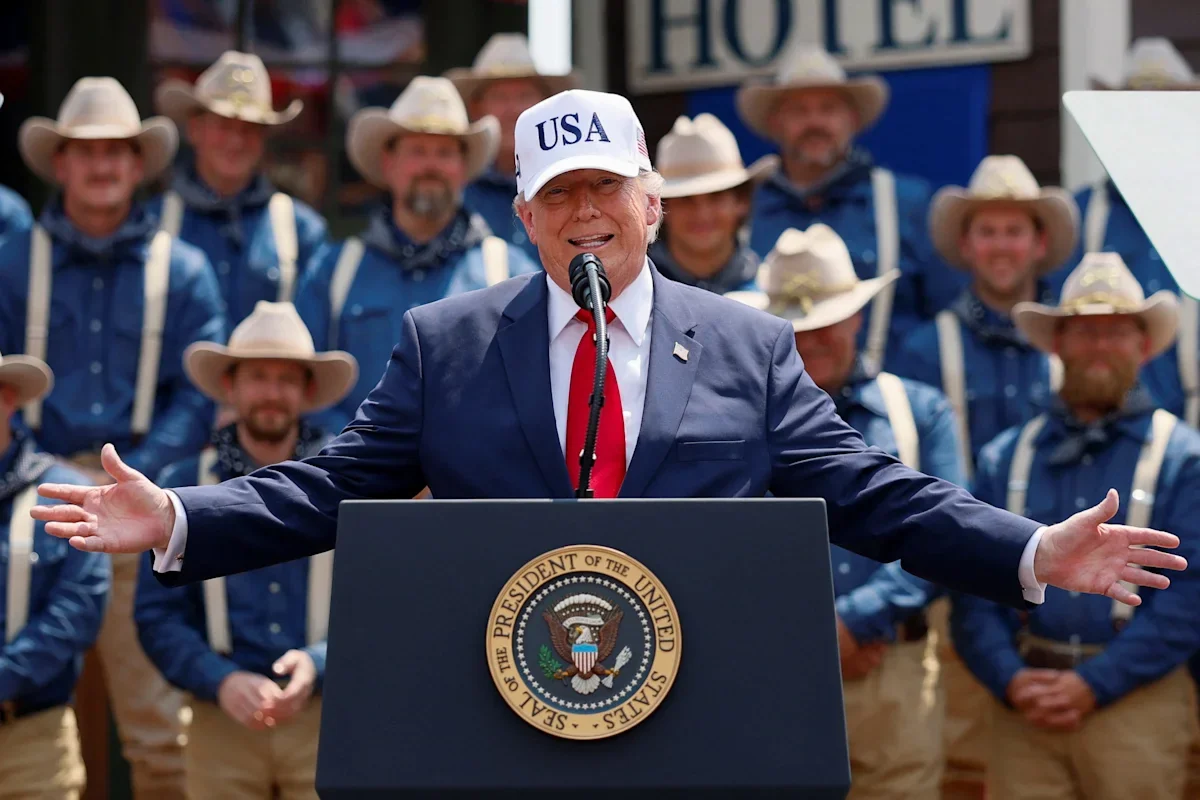 U.S. President Donald Trump speaks at Burning Hills Amphitheatre on the day of the dedication of the Theodore Roosevelt Presidential Library in Medora, North Dakota, U.S., July 1, 2026.