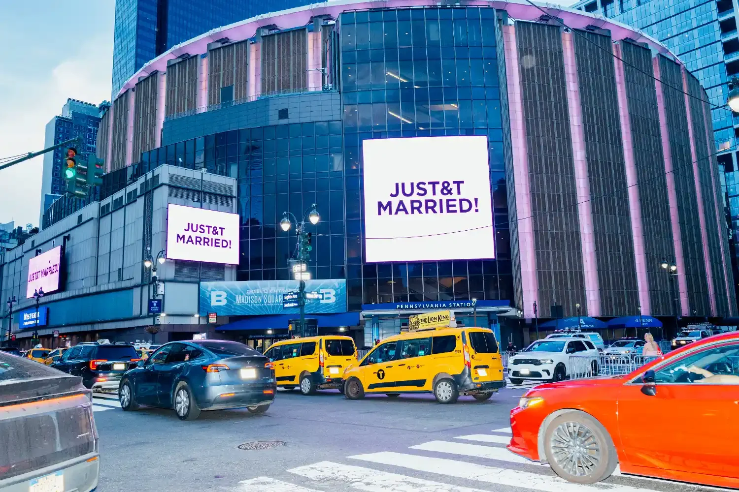 Exterior signs at Madison Square Garden read “JUST&T MARRIED!” during Taylor Swift and Travis Kelce’s wedding in New York City on July 3, 2025. Sara Konradi for The Washington Post via Getty