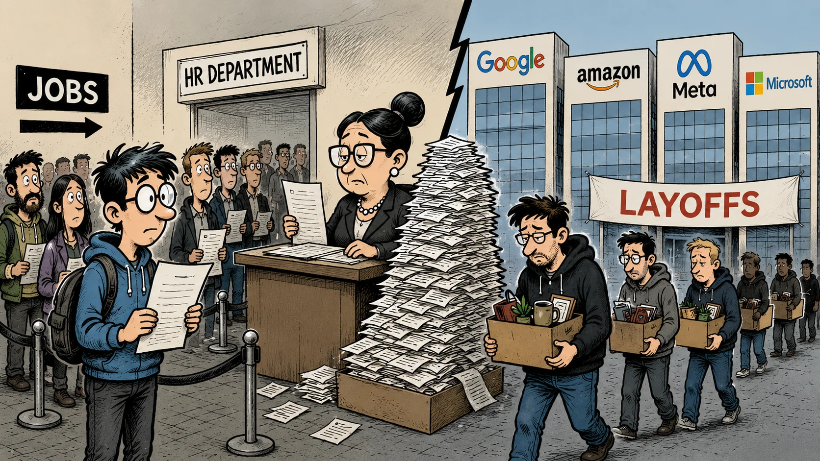 Cartoon illustration of tech layoffs and a long line of job seekers. Photo: BytePith
