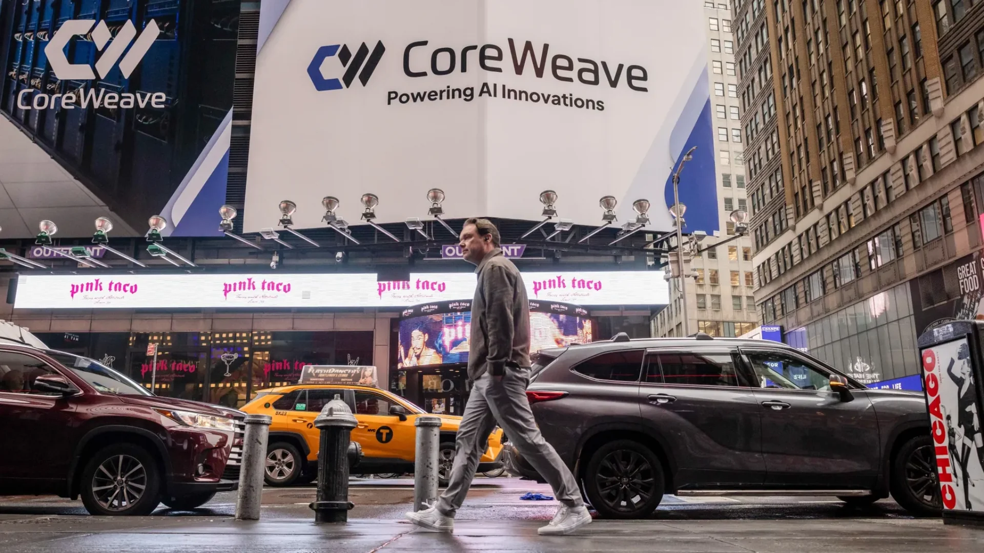 A CoreWeave Inc. signage in Times Square in New York. Photographer: Yuki Iwamura/Bloomberg