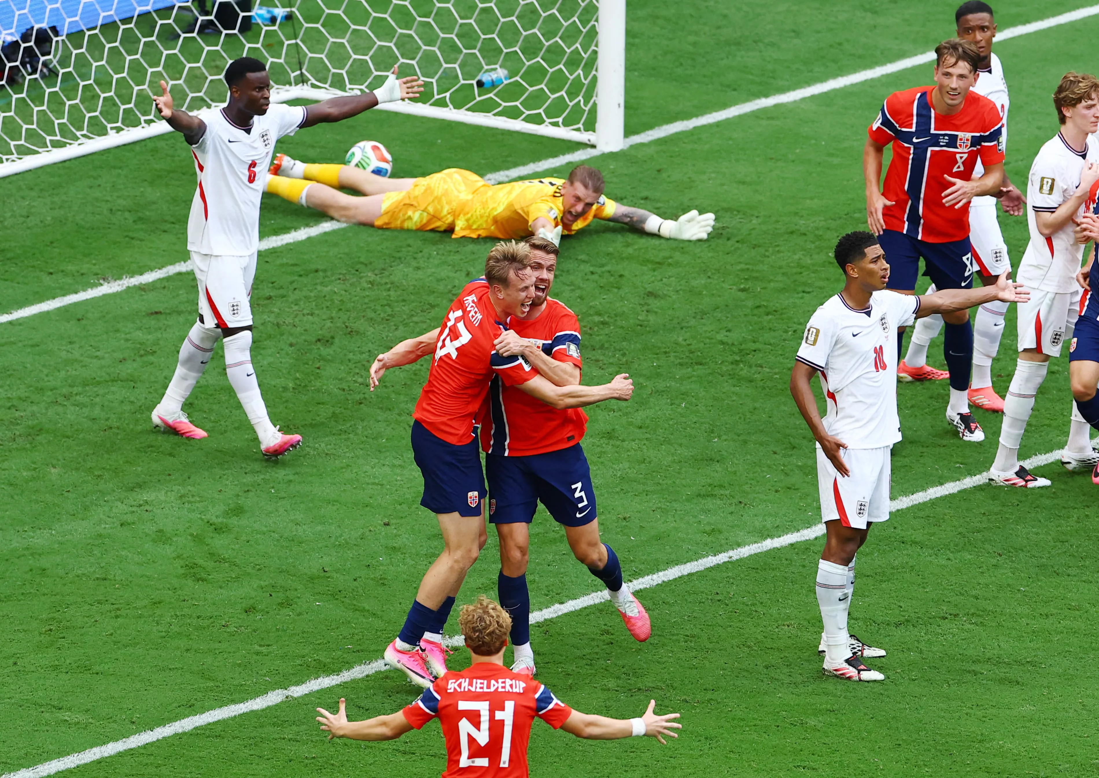 Norway’s Torbjørn Heggem celebrates scoring a goal that was later disallowed with Kristoffer Ajer as England’s Marc Guéhi and Jude Bellingham protest. Photograph: Marco Bello/Reuters