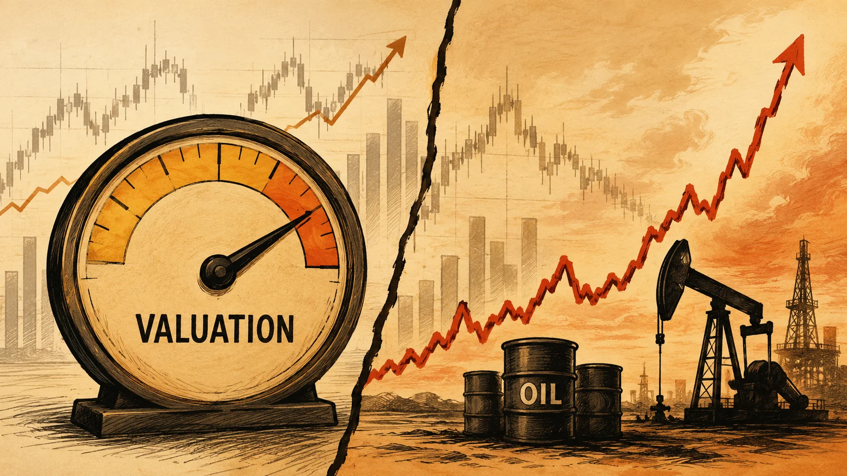 S&P 500 valuation risk gauge nearing dot-com peak alongside crude oil price spike chart, illustrating stock market crash