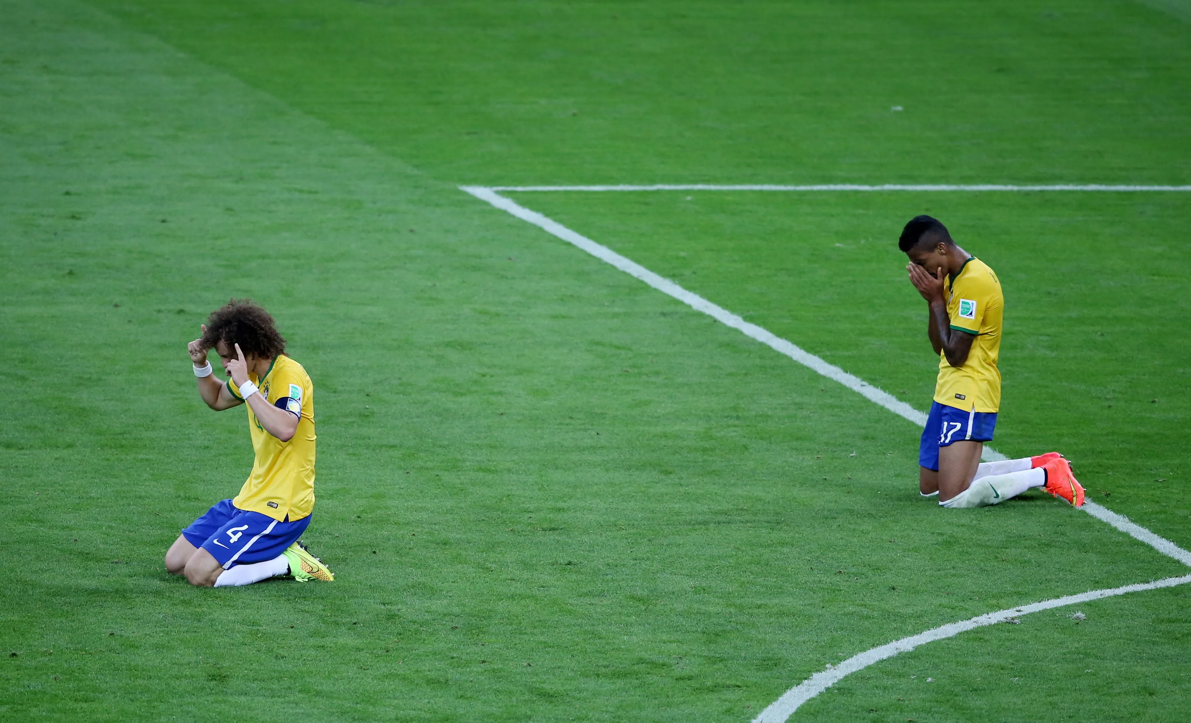 David Luiz (left) and Luiz Gustavo look dejected after Brazil’s 7-1 semi-final humiliation at the hands of Germany in 2014. Photograph: Lee Smith/Action Images/Reuters